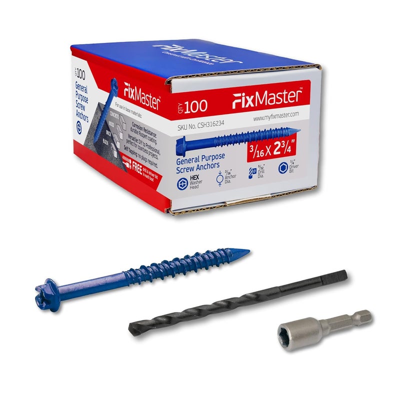 FixMaster 3/16 x 2-3/4" Hex Head Blue Concrete Screw Anchors (100 pcs Screw Kit) with one Screwdriver and Drill Bit for Concrete, Masonry, Block, Brick and Wood Fastening - Image 1